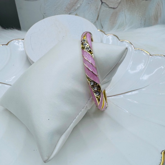 Pink Enamel Cloisonne Bracelet Bangle w/ Rhinestones - Picture 7 of 9